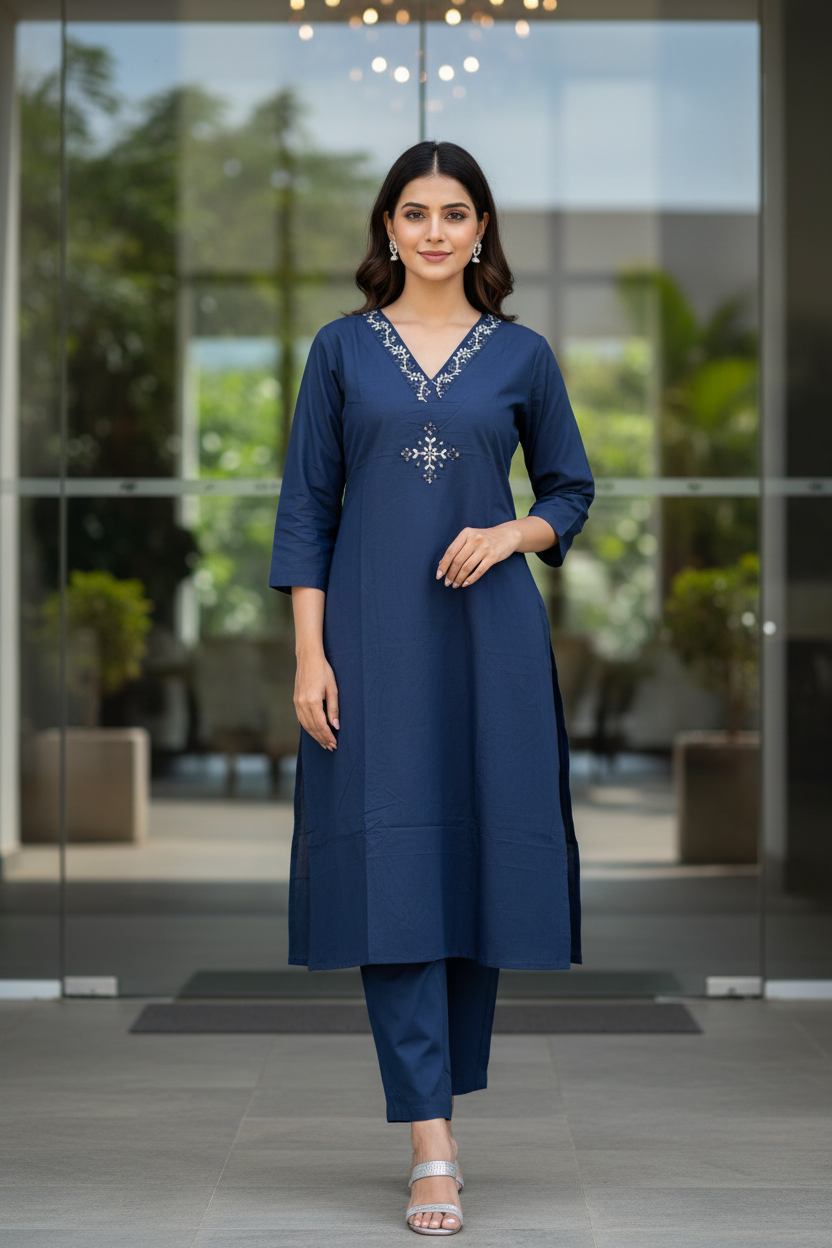 Navy Embroidered Straight
